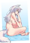  1girl animal_ears ass barefoot breasts completely_nude disdain fox_ears fox_girl fox_tail fuyu_(mikemono_yuu) green_eyes huge_breasts long_hair looking_at_viewer mikemono_yuu nude original sideways_glance sitting slit_pupils solo tail white_hair 