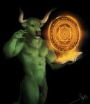  anthro bgn bovid bovine cattle ear_piercing eyes_closed flaccid foreskin fur genitals green_body green_fur hi_res horn magic male mammal mandala nipple_piercing nipples open_book penis piercing rintrah_(marvel) solo 