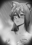  1girl absurdres animal_ear_fluff animal_ears arknights blush breasts bust_cup cat_ears cleavage collarbone completely_nude greyscale hand_on_own_chest highres large_breasts long_hair monochrome nude out-of-frame_censoring parted_lips saikre schwarz_(arknights) showering smile solo upper_body water 