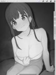  1girl bangs bare_shoulders blush breasts cleavage collarbone greyscale highres idolmaster idolmaster_shiny_colors large_breasts long_hair looking_at_viewer misekai_555 monochrome smile solo sonoda_chiyoko thighs 