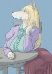  anthro big_breasts blonde_hair blush bottomwear breasts canid canine canis chair clothed_female clothing domestic_dog female furniture hair hi_res himewe huge_breasts kemofujin kemofujin_(comic) long_hair mammal on_chair open_mouth sitting sitting_on_chair skirt smile solo table tagme white_body 