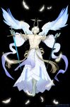  1boy abs absurdres angel angel_wings arms_at_sides barefoot flying full_body glowing glowing_eyes glowing_feather highres horns kamurai_tribe large_horns large_pectorals looking_at_viewer male_focus mechanical_halo muscular muscular_male nanase_miri navel no_nipples official_art pectorals short_hair solo spread_wings topless_male white_hair wings 