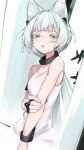  1girl :o absurdres animal_ear_fluff animal_ears aqua_eyes arknights bare_shoulders cat_ears collar cuffs dress grey_hair half-closed_eyes hand_on_own_arm highres long_hair looking_at_viewer official_alternate_costume parted_lips rosmontis_(arknights) rosmontis_(become_anew)_(arknights) shackles signal_1120 sleeveless sleeveless_dress solo upper_body very_long_hair white_dress 