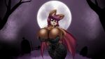  betty_belfry_(tendrak) big_breasts breasts cemetery chiropteran clothing digital_media_(artwork) digital_painting_(artwork) dress drill_curls female fog hair hi_res huge_breasts mammal moon norithics solo strapless_clothing strapless_dress wings 