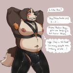  alebehemut anthro armpit_hair bernese_mountain_dog body_hair canid canine canis clothing collar domestic_dog english_text hands_behind_head harness hi_res leather leather_chaps leather_clothing male mammal molosser mountain_dog nipples solo swiss_mountain_dog text 