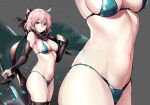  1girl ahoge bikini black_bow black_scarf black_thighhighs bow breasts fate/grand_order fate_(series) green_bikini grey_background hand_up highres holding holding_sword holding_weapon katana large_breasts light_particles looking_at_viewer navel okita_souji_(fate) parted_lips pink_hair scarf short_hair sideboob stomach suishougensou swimsuit sword thighhighs thighs weapon yellow_eyes 