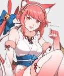  1girl :d animal_ears bangs cat_ears cat_tail dress elbow_gloves fang fingerless_gloves fire_emblem fire_emblem_fates fire_emblem_heroes fur_trim gloves hairband halloween halloween_costume highres japanese_clothes looking_at_viewer official_alternate_costume paw_pose peach11_01 pink_eyes pink_gloves pink_hair pink_thighhighs sakura_(fire_emblem) short_hair sleeveless sleeveless_dress smile solo tail thighhighs twitter_username white_dress white_thighhighs 