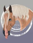  ambiguous_gender blonde_hair blonde_mane blue_eyes daisy_(wasen) digital_media_(artwork) english_text equid equine facial_markings feral hair head_markings hi_res horse looking_at_viewer mammal mane markings peacedeathart simple_background solo text tongue tongue_out 