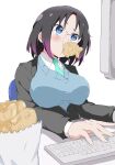  1girl absurdres bangs black_hair black_jacket blue_necktie blue_sweater computer eating elma_(maidragon) food food_in_mouth glasses gradient_hair highres jacket keyboard_(computer) kobayashi-san_chi_no_maidragon monitor mouth_hold multicolored_hair necktie office_lady parted_bangs purple_hair round_eyewear short_hair solo sweater taiyaki typing wagashi white_gorilla_(okamoto) 