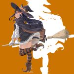  1girl asashio_(kancolle) asashio_kai_ni_(kancolle) bangs black_cape black_dress black_hair blue_eyes blush boots broom broom_riding brown_footwear cape closed_mouth commentary_request dd_(ijigendd) dress frills gloves halloween halloween_costume hat hat_ribbon head_tilt highres kantai_collection long_hair looking_at_viewer official_alternate_costume orange_background ribbon signature simple_background standing standing_on_one_leg striped striped_thighhighs tail thighhighs white_gloves witch witch_hat 