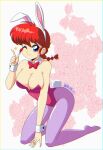  1girl absurdres animal_ears blue_eyes bow bowtie breasts cleavage closed_mouth danmakuman english_commentary fake_animal_ears fake_tail highres kneeling large_breasts leotard looking_at_viewer one_eye_closed pantyhose playboy_bunny purple_pantyhose rabbit_ears rabbit_tail ranma-chan ranma_1/2 red_bow red_bowtie red_hair red_leotard saotome_ranma smile solo tail wrist_cuffs 