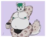  2022 anthro belly big_belly bigtimekudo black_clothing black_thong black_underwear blush bulge clothing colored digital_drawing_(artwork) digital_media_(artwork) fur hair holding_object hyaenid looking_at_viewer male mammal navel nipples overweight overweight_anthro overweight_male pecs shaded signature simple_background smile solo spotted_hyena standing thick_thighs thong underwear wide_hips 