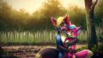  2017 anthro black_body black_fur blonde_hair blue_body blue_eyes blue_fur blue_hair blue_nose canid dated duo embrace eyelashes female forest front_view fur glistening glistening_eyes hair happy hug looking_at_viewer male mammal mylafox nude outside pink_body pink_fur plant red_nose shrub signature smile standing text three-quarter_view tree url yellow_body yellow_fur 