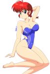 1girl absurdres arm_up armpits blue_eyes blue_one-piece_swimsuit breasts cleavage danmakuman english_commentary highres large_breasts legs ranma-chan ranma_1/2 red_hair saotome_ranma signature simple_background solo swimsuit white_background 