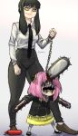  3girls absurdres anya_(spy_x_family) bangs black_hair black_necktie blood blood_on_weapon breasts chain chain_leash chainsaw_man collared_shirt cosplay eden_academy_uniform fake_blood hairpods highres ketchup leash limn044 long_hair looking_at_another makima_(chainsaw_man) makima_(chainsaw_man)_(cosplay) medium_breasts multiple_girls necktie no_eyes open_mouth pink_hair school_uniform sharp_teeth shirt short_hair sidelocks simple_background smile spy_x_family teeth weapon white_background white_shirt yellow_eyes yor_briar 