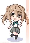  1girl artist_name black_socks bow bowtie brown_eyes character_name chibi commentary_request double_bun green_bow green_bowtie grey_skirt hair_bun highres inaba_shiki kantai_collection light_brown_hair looking_at_viewer michishio_(kancolle) pleated_skirt revision short_twintails simple_background skirt socks solo standing standing_on_one_leg suspender_skirt suspenders twintails white_background 