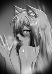  absurdres against_wall animal_ear_fluff animal_ears arknights blush cat_ears completely_nude from_behind greyscale hair_between_eyes heavy_breathing highres long_hair looking_at_viewer looking_back monochrome nude open_mouth saikre schwarz_(arknights) showering tears upper_body very_long_hair water 