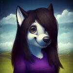  1:1 anthro black_hair blue_sky bust_portrait canid closed_smile clothed clothing cloud female fur glistening glistening_eyes hair hill looking_at_viewer mammal mouth_closed mylafox outside portrait purple_clothing purple_topwear sky solo text topwear url white_body white_fur 