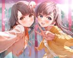  2girls absurdres blurry blurry_background blush bokeh braid braided_bangs depth_of_field foreshortening grey_hair highres hisakawa_hayate hisakawa_nagi idolmaster idolmaster_cinderella_girls idolmaster_cinderella_girls_starlight_stage looking_at_viewer miroir_(idolmaster) multiple_girls outdoors selfie siblings sisters smile sparkle straight_hair twins twintails v yugao_(kam_pom37) 