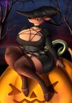  absurd_res anthro breasts cervid cleavage clothed clothing derpx1 female garter_straps hat headgear headwear hi_res jack-o&#039;-lantern legwear mammal night nipple_outline panties solo thick_thighs thigh_highs underwear witch_hat 