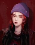  1girl beanie black_hair blueship4985 earrings eyebrow_cut hat highres hood hoodie jewelry korean_commentary lip_piercing lips long_hair looking_at_viewer multicolored_hair necklace nose original parted_lips piercing portrait red_background red_eyes red_hair shadow solo 
