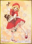  :d big_bad_wolf_(grimm) blonde_hair blush brown_eyes cape flower full_body grandma grandmother_(little_red_riding_hood) grimm's_fairy_tales happy hidari_(left_side) highres little_red_riding_hood little_red_riding_hood_(grimm) marionette mary_janes open_mouth puppet rose shoes smile socks white_flower white_rose wolf 