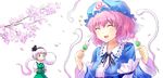  blue_eyes cherry_blossoms closed_eyes dango eating food ghost hairband hat hyuuga_azuri japanese_clothes kimono konpaku_youmu konpaku_youmu_(ghost) multiple_girls open_mouth petals pink_hair saigyouji_yuyuko sanshoku_dango short_hair silver_hair skewer smile touhou tray wagashi 