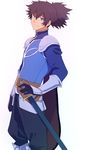  armor black_hair gloves green_eyes kamosuke male_focus military military_uniform ponytail raven_(tales) sheath sheathed smile solo sword tales_of_(series) tales_of_vesperia uniform weapon white_background 