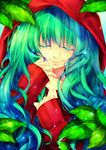  aqua_hair bad_id bad_pixiv_id closed_eyes closed_mouth hatsune_miku highres hood hoodie koyomi_roentgen leaf long_hair portrait smile solo vocaloid 