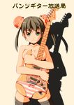  absurdres breast_press breasts brown_hair bun_cover cleavage collarbone covering fender green_eyes guitar highres instrument long_hair looking_at_viewer medium_breasts nude original panties silhouette solo stratocaster striped striped_panties thighhighs twintails underwear yunsuku 