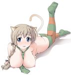  animal_ears between_breasts blue_eyes braid breast_rest breasts brown_hair cat_ears cat_tail hair_over_shoulder highres lambda_(kusowarota) large_breasts long_hair lying lynette_bishop multicolored multicolored_clothes multicolored_legwear necktie nipples nude single_braid solo strike_witches striped striped_legwear tail thighhighs world_witches_series 