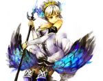  armor armored_dress bare_shoulders blue_eyes breasts cleavage crown detached_sleeves dress gwendolyn hagiyama headdress medium_breasts miniskirt odin_sphere polearm short_hair silver_hair skirt solo spear strapless strapless_dress thighhighs weapon 
