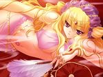  alternate_costume blonde_hair breasts carnelian cleavage dancer fan feather_fan folding_fan headdress jewelry large_breasts lilith_(yamibou) long_hair navel solo yami_to_boushi_to_hon_no_tabibito 
