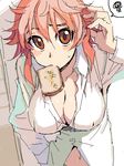  bad_id bad_pixiv_id breasts cleavage copyright_request dress_shirt food food_in_mouth kusanagi_tonbo large_breasts messy_hair mouth_hold navel oekaki red_hair shirt solo toast toast_in_mouth 