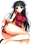  absurdres arm_support black_hair breasts bun_cover china_dress chinese_clothes double_bun dress green_eyes highres large_breasts long_hair lying non-web_source on_side original panties red_panties simple_background smile solo tomose_shunsaku underwear wet 