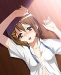  blush brown_eyes brown_hair from_above hair_ornament hairclip hirasawa_yui k-on! looking_at_viewer lying no_bra number23 on_back open_clothes open_mouth open_shirt round_teeth shade shirt short_hair solo teeth upper_body wet 
