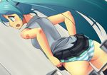  aqua_eyes aqua_hair ass bathroom from_behind hatsune_miku long_hair panties regdic skirt skirt_lift solo striped striped_panties thighhighs toilet_paper twintails underwear very_long_hair vocaloid 