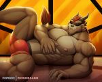  2018 5_fingers anthro brown_fur bulge charr clothed clothing feline fur guild_wars hair hand_on_stomach hi_res horn inside lying male mammal muscular muscular_male navel nipples on_back orange_theme primodrago red_hair rytlock_brimstone smile solo spread_legs spreading topless underwear vein video_games window 