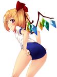  adjusting_buruma adjusting_clothes ass blush buruma flandre_scarlet gym_uniform image_sample looking_back mamedenkyuu_(berun) naughty_face panties pixiv_sample ponytail red_eyes ribbon short_hair side_ponytail smile solo touhou underwear wings 