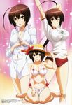  absurdres bare_legs barefoot bikini breasts buruma cleavage covered_nipples dress_shirt gym_uniform hashimoto_takayoshi hat highres impossible_clothes impossible_shirt medium_breasts megami musubi naked_shirt sekirei shirt sitting straw_hat swimsuit taut_clothes taut_shirt wariza 