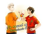  2boys axis_powers_hetalia blonde_hair brown_hair clothes_writing edo_(smalllain) male_focus multiple_boys netherlands_(hetalia) soccer spain_(hetalia) sportswear world_cup wristband 