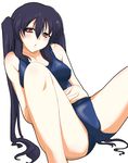  bad_id bad_pixiv_id black_hair blush brown_eyes hands_clasped k-on! long_hair nakano_azusa older one-piece_swimsuit own_hands_together school_swimsuit simple_background solo spread_legs swimsuit tsukishiro_kou twintails 