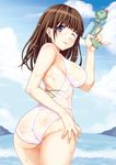  :p anegasaki_nene ass blush breasts brown_hair casual_one-piece_swimsuit covered_nipples impossible_clothes impossible_swimsuit large_breasts looking_back love_plus mole mole_under_eye mushi024 one-piece_swimsuit one_eye_closed purple_eyes see-through solo swimsuit tongue tongue_out water water_gun wet 