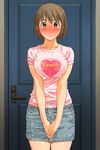  ayase_fuuka blush bob_cut breast_squeeze breasts brown_eyes brown_hair clothes_writing covered_nipples denim denim_skirt door ear_blush embarrassed eyebrows heart highres kinako_(kinako_no_yama) large_breasts miniskirt pencil_skirt shirt skirt solo standing t-shirt thick_eyebrows yotsubato! 