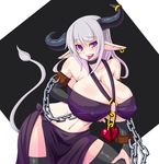  blush breasts bridal_gauntlets chain cleavage cow_girl cow_horns cow_tail earrings elbow_gloves gigantic_breasts gloves highres horns jewelry lavender_hair legs long_hair midriff o-ring o-ring_top original pointy_ears purple_eyes side_slit solo tail thick_thighs thighhighs thighs tongue umigarasu_(magipro) underboob 