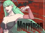 aqua_hair armpits bare_shoulders bat bat_wings breasts cleavage demon_girl elbow_gloves face fangs fingerless_gloves free-da gloves head_wings large_breasts long_hair morrigan_aensland nail_polish red_nails solo succubus vampire_(game) wings yellow_eyes 