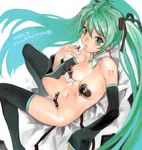  boots breasts chocolate detached_sleeves gradient_hair green_eyes green_hair hair_ribbon hatsune_miku large_breasts long_hair lying maebari multicolored_hair nude oekaki on_back pasties phixa ribbon solo thigh_boots thighhighs twintails valentine very_long_hair vocaloid wing_collar 