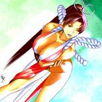  bad_id bad_pixiv_id breasts brown_eyes brown_hair cleavage dutch_angle fatal_fury hanging_breasts huge_breasts legs long_hair long_legs one_eye_closed pelvic_curtain ponytail revealing_clothes shiranui_mai solo the_king_of_fighters thighs tongue wakino_keibun wedgie 