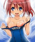  asou_yui bare_shoulders blue_eyes blush breasts happy highres medium_breasts naz nipple_slip nipples one-piece_swimsuit open_mouth original red_hair school_swimsuit short_hair smile solo swimsuit undressing 