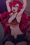  alternate_hairstyle angry armpits arms_up bikini_top breasts curvy hairu imminent_rape large_breasts long_hair open_fly open_mouth red_hair short_shorts shorts solo tengen_toppa_gurren_lagann torn_clothes underboob unzipped yellow_eyes yoko_littner 